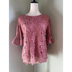 Nanette Lepore Pink Lace Bell Sleeve Top S romantic cottage whimsi fairy boho